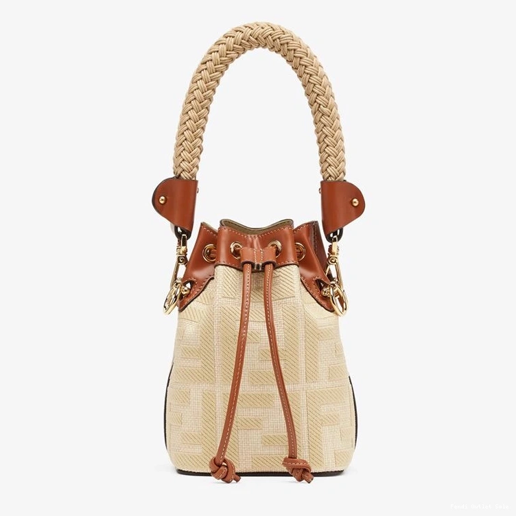 Affordable Fendi Straw Bag Mini FF Beige with Straw Mon Motif Tresor Bucket In Handle 0811